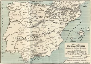 Mapa de España y Portugal que muestra las divisiones políticas en el país a la muerte de Alfonso III, Rey de León, de 